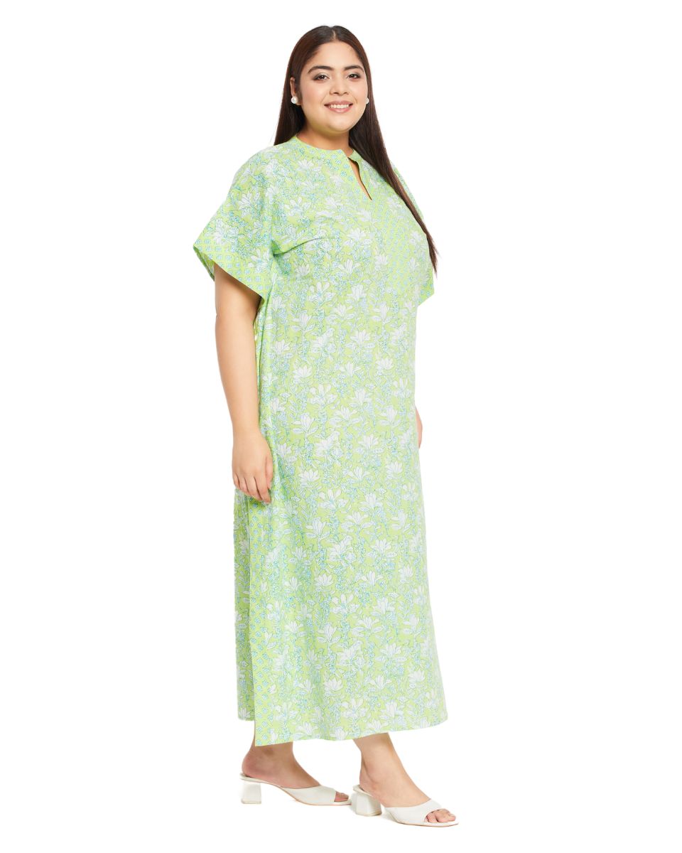 Floral Printed Neon Green Cotton Border Kaftan For Plus Size Women