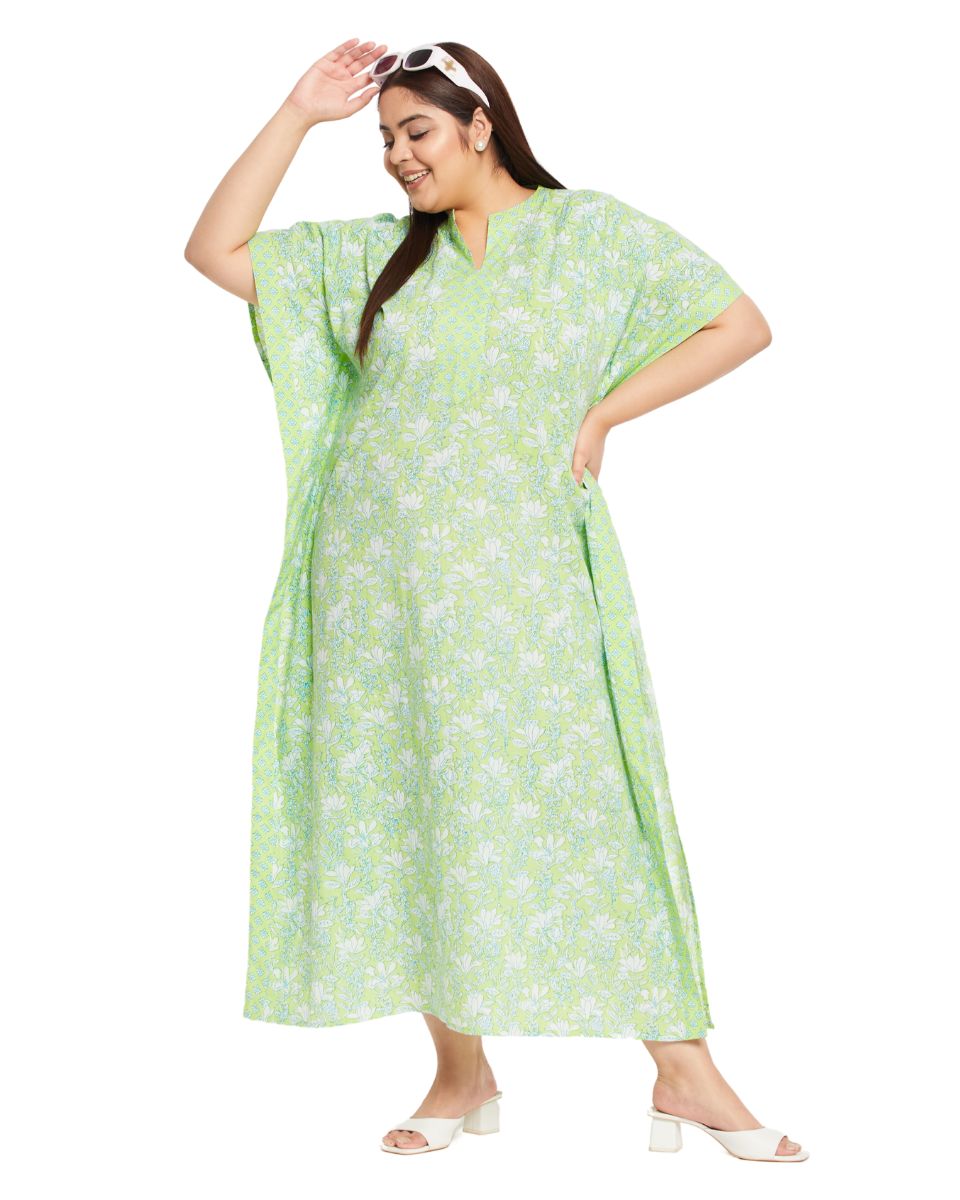 Floral Printed Neon Green Cotton Border Kaftan For Plus Size Women