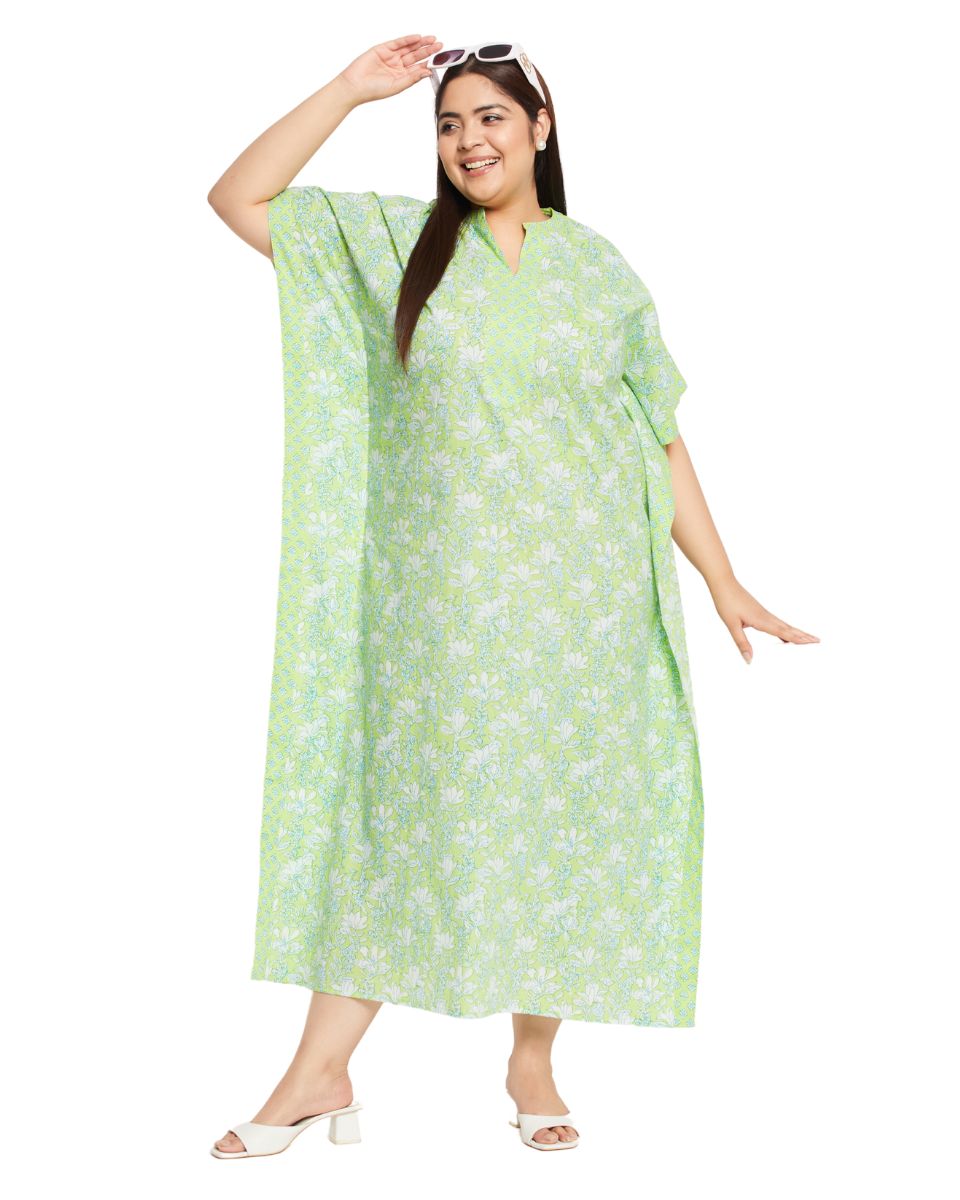 Floral Printed Neon Green Cotton Border Kaftan For Plus Size Women