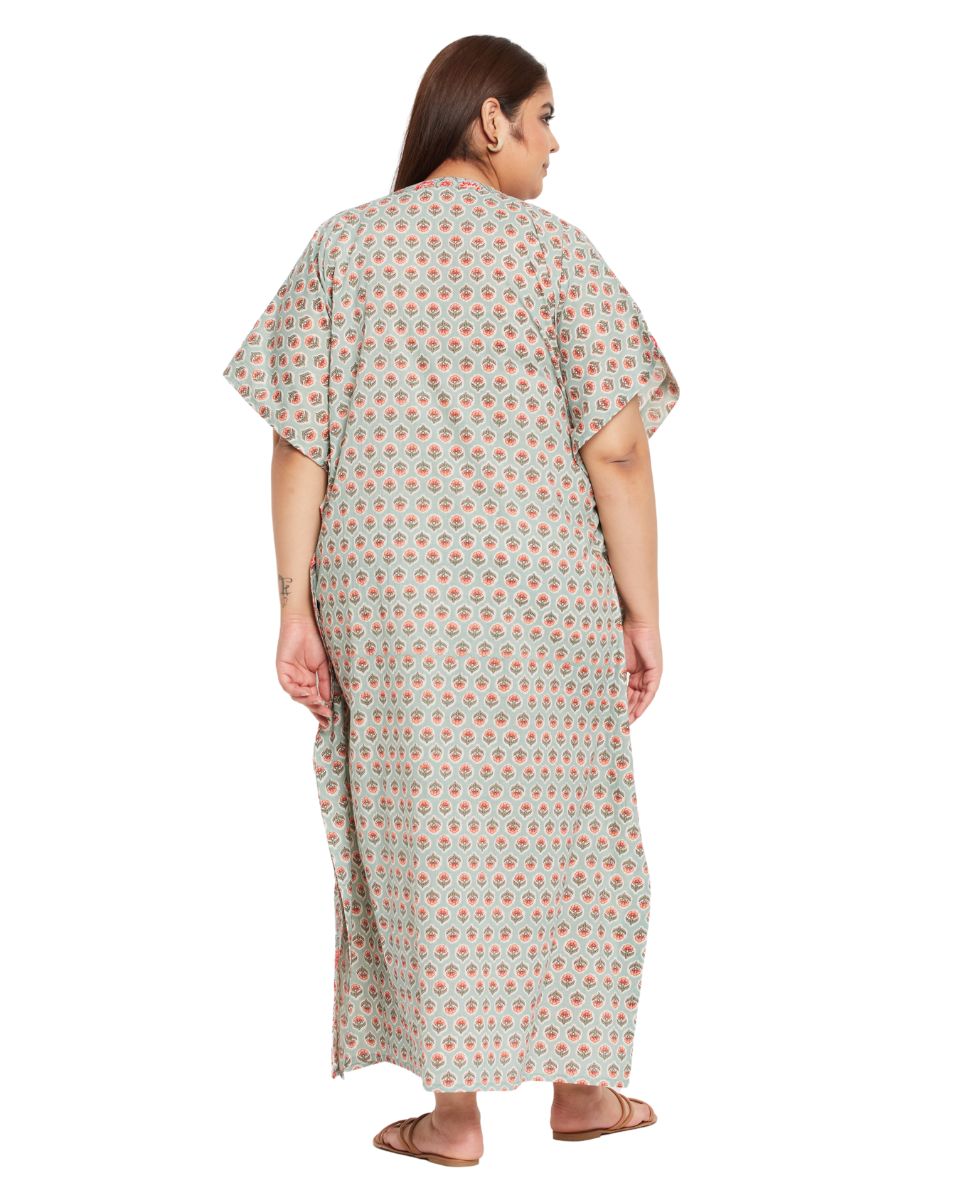 Floral Printed PISTA Green Cotton Beach Kaftan For Plus Size Women