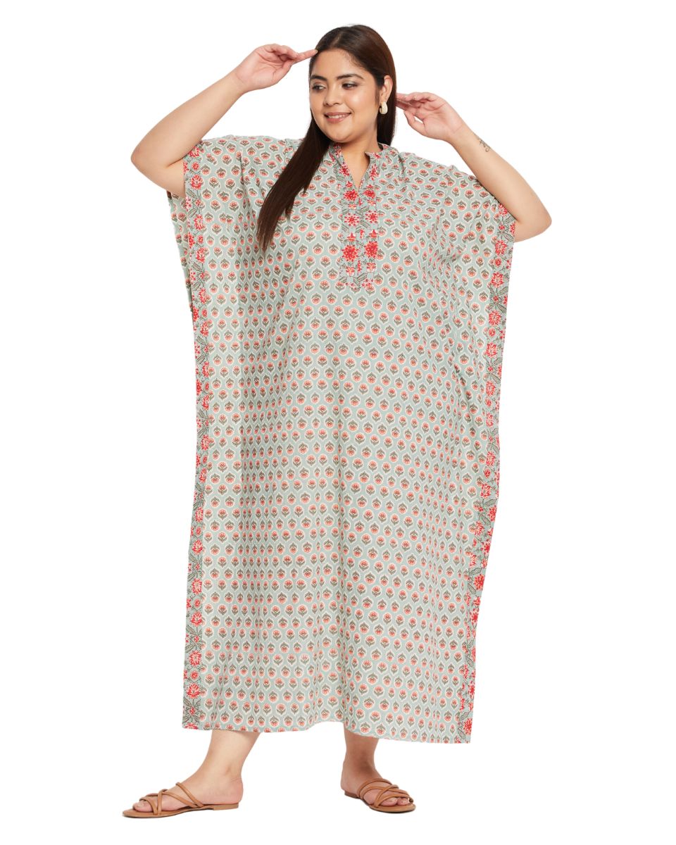 Floral Printed PISTA Green Cotton Beach Kaftan For Plus Size Women