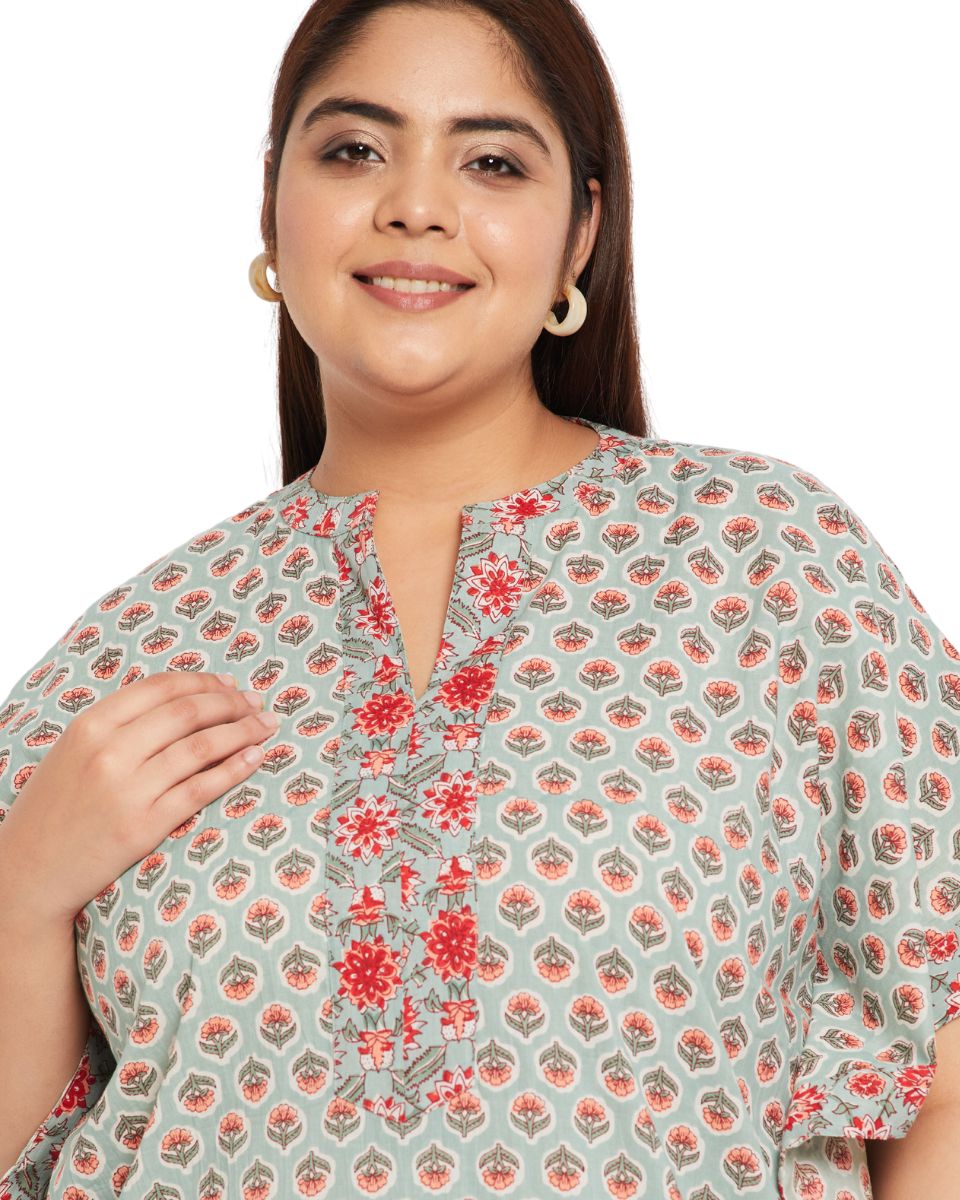 Floral Printed PISTA Green Cotton Beach Kaftan For Plus Size Women