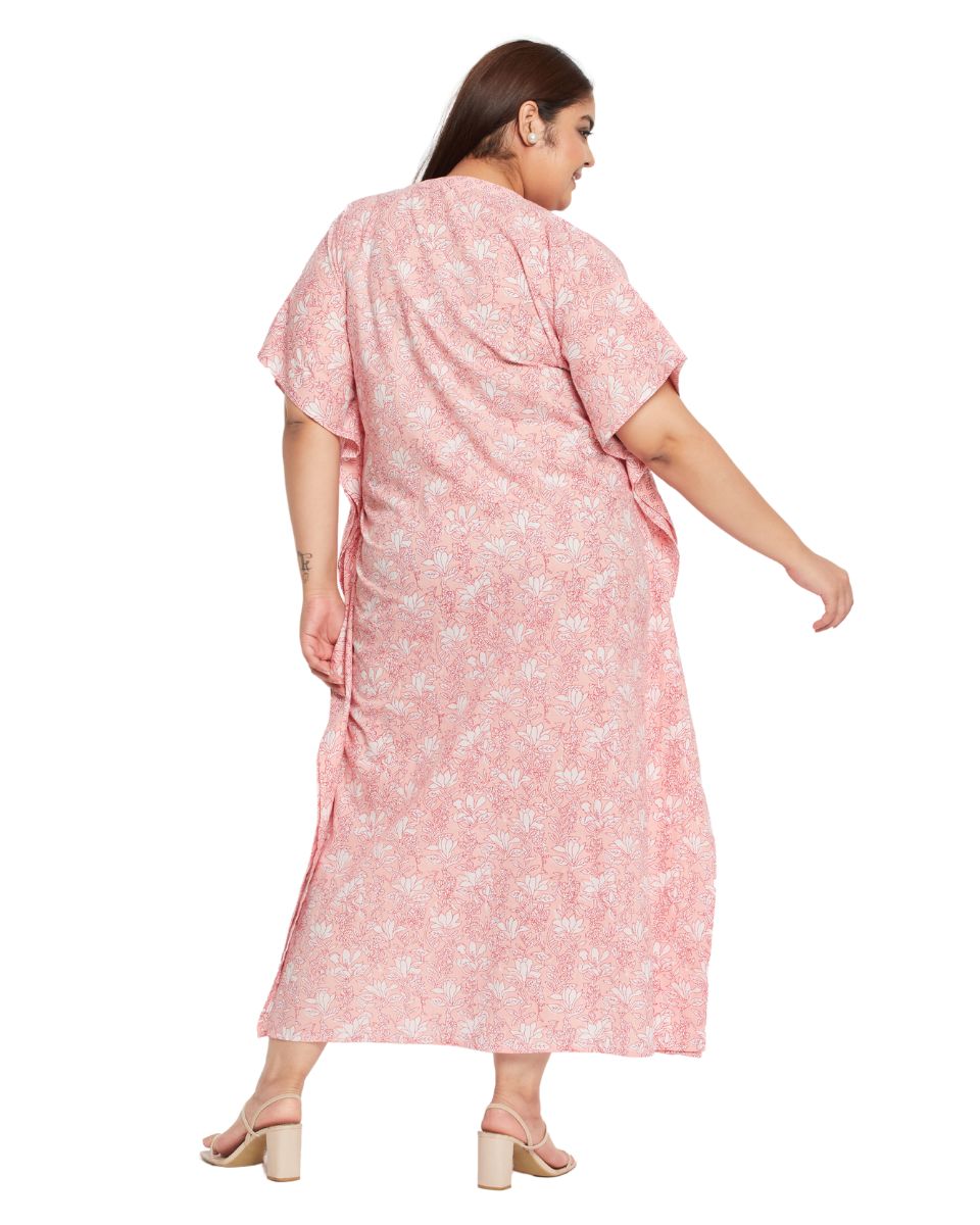 Floral Pink Women Plus Size Cotton Kaftan Beach Cover Up