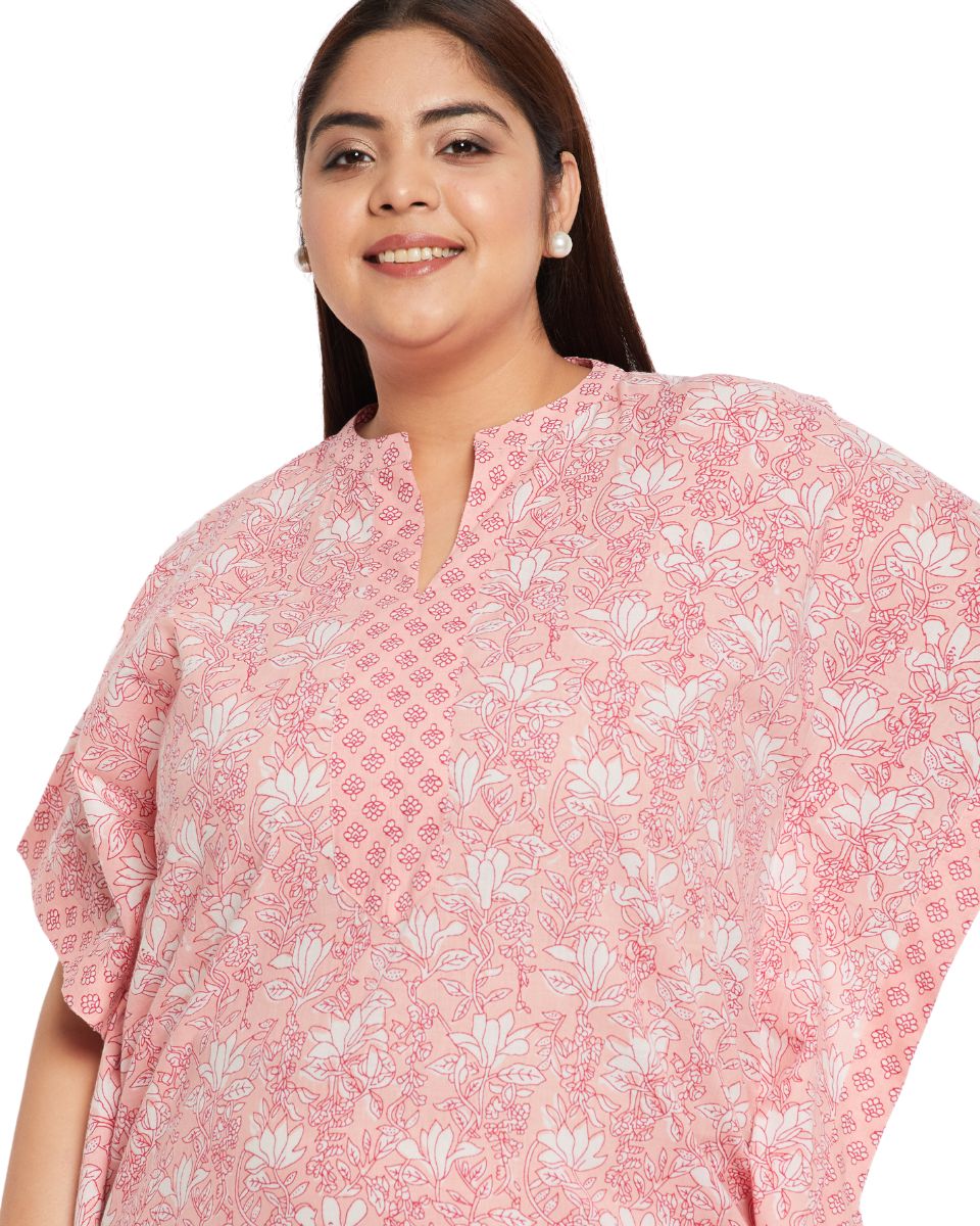 Floral Pink Women Plus Size Cotton Kaftan Beach Cover Up