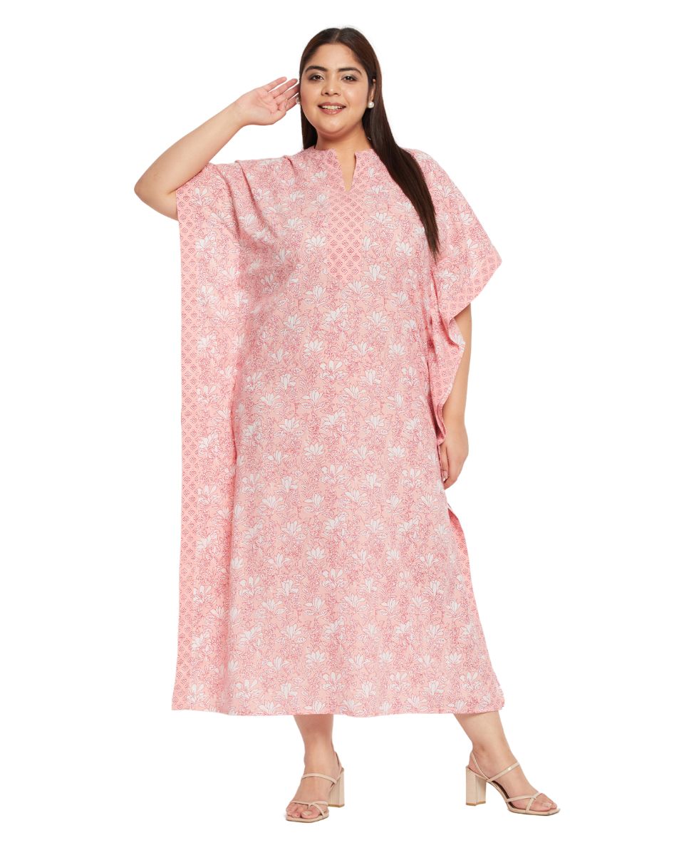 Floral Pink Women Plus Size Cotton Kaftan Beach Cover Up