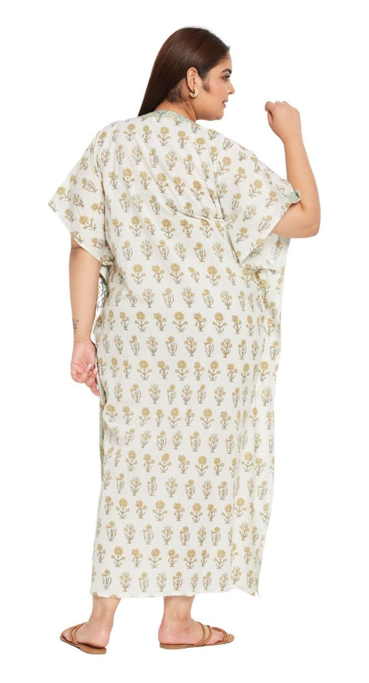 White cotton plus size kaftan dress with green block-print floral and embroidered V-neck — extra view