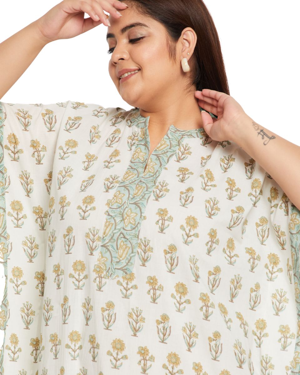 Floral Printed White Cotton Border Plus Size Kaftan Dress For Women