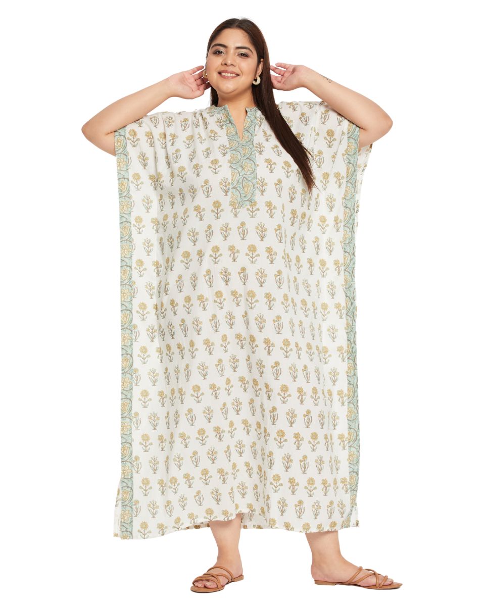 Floral Printed White Cotton Border Plus Size Kaftan Dress For Women