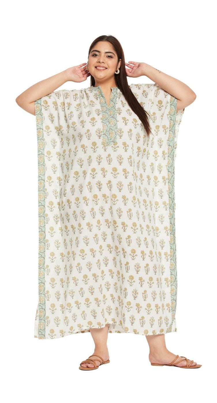 White cotton plus size kaftan dress with green block-print floral and embroidered V-neck