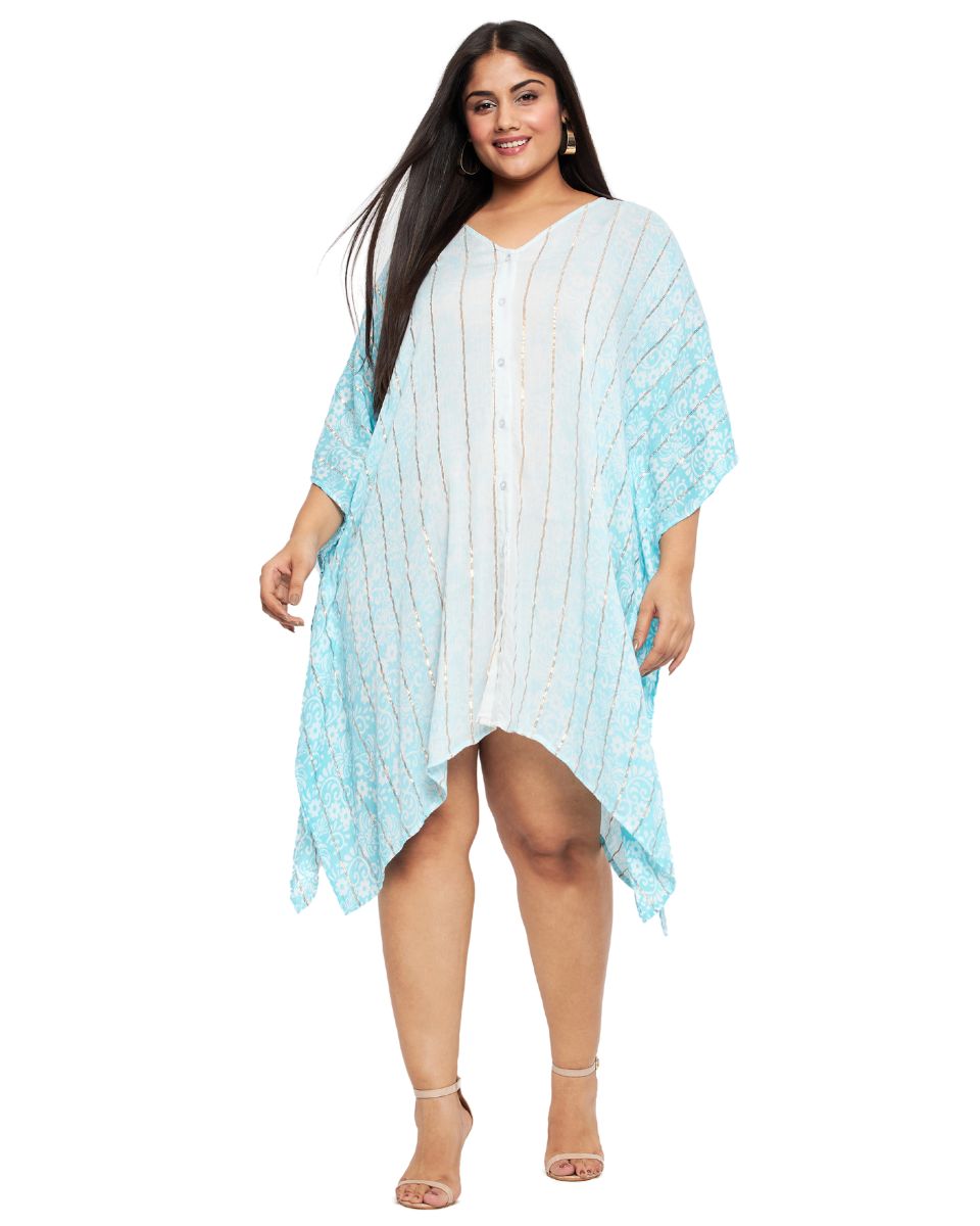 Golden Strip Sky Blue Rayon Tunic Top For Women