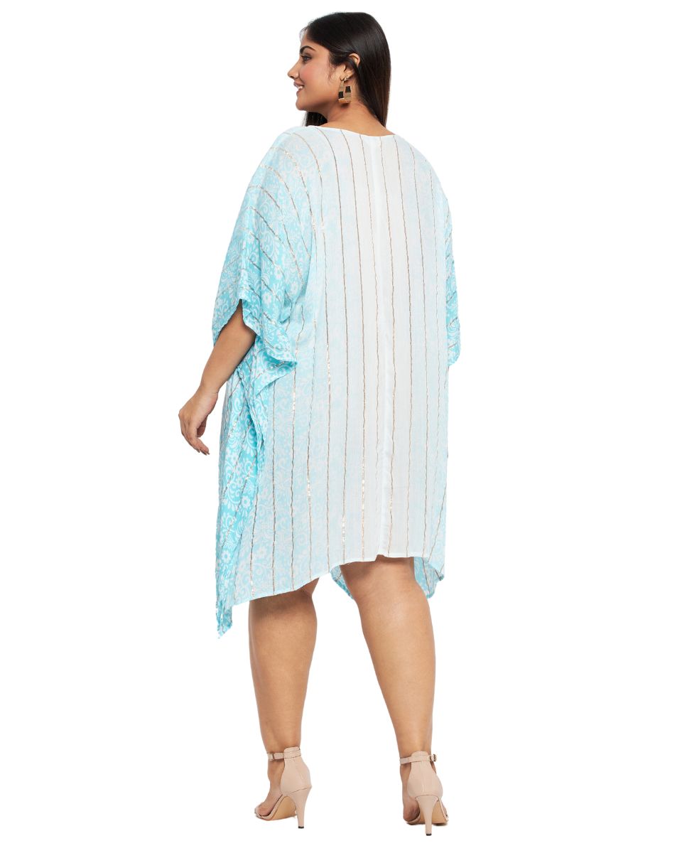 Golden Strip Sky Blue Rayon Tunic Top For Women
