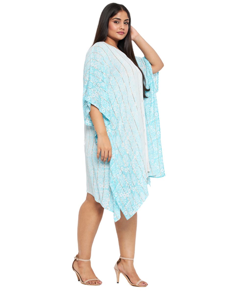 Golden Strip Sky Blue Rayon Tunic Top For Women