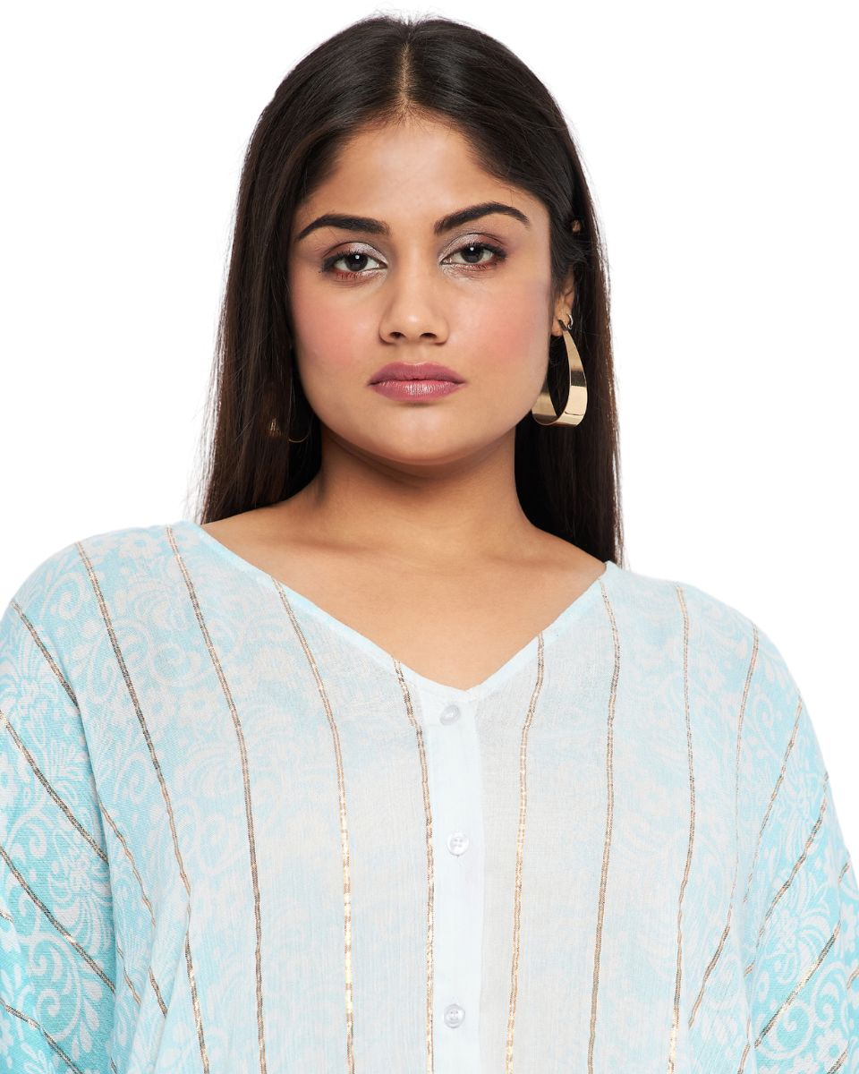 Golden Strip Sky Blue Rayon Tunic Top For Women