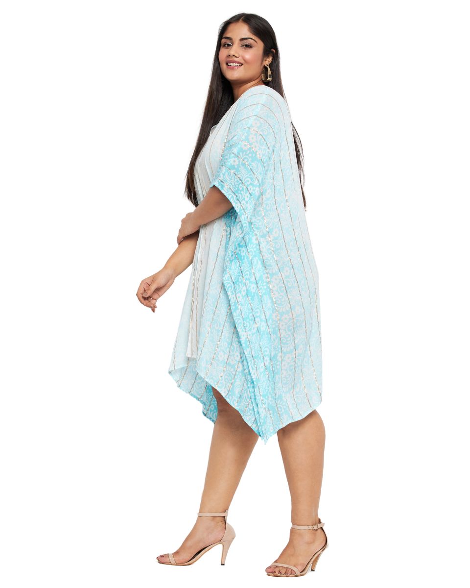 Golden Strip Sky Blue Rayon Tunic Top For Women