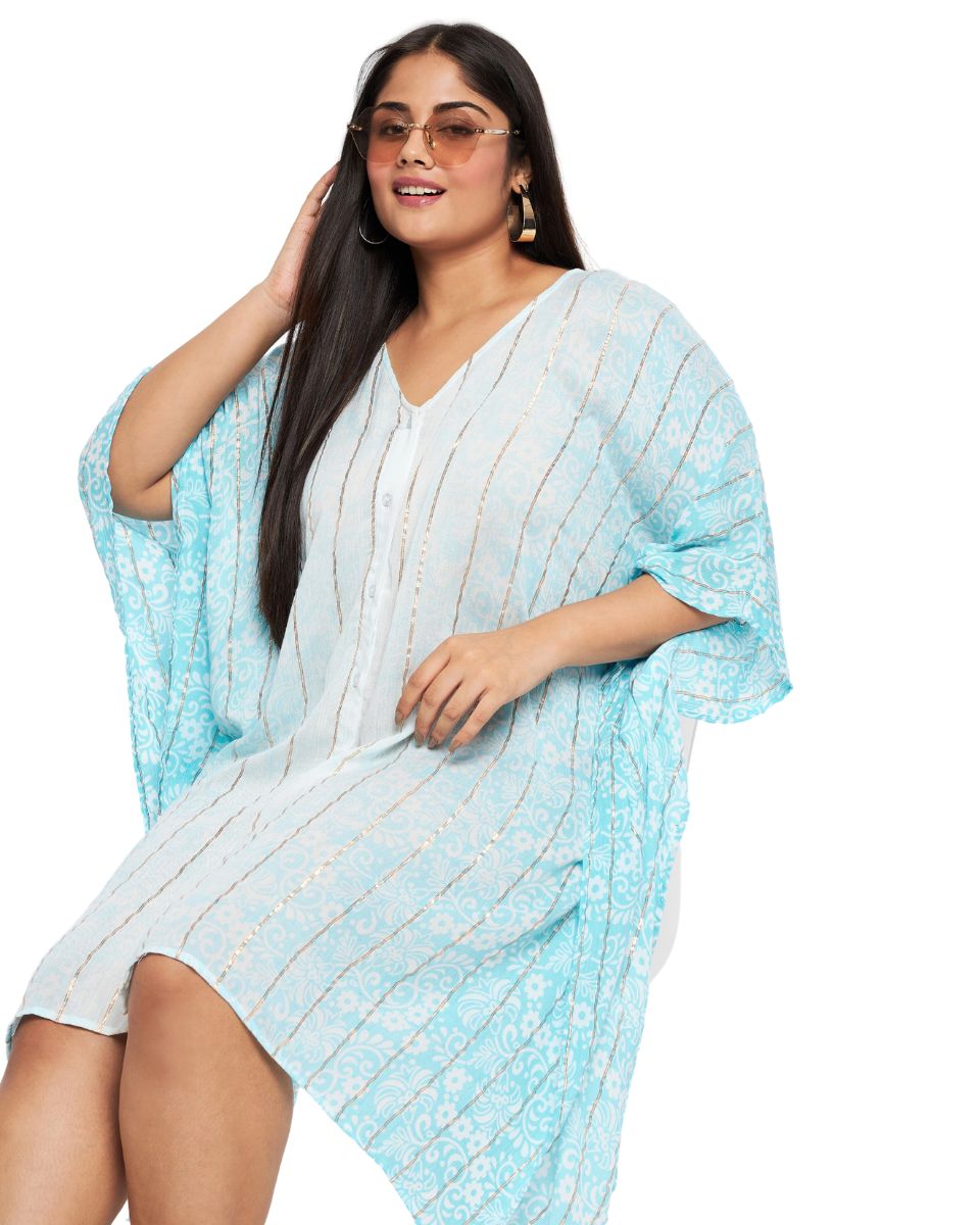 Golden Strip Sky Blue Rayon Tunic Top For Women