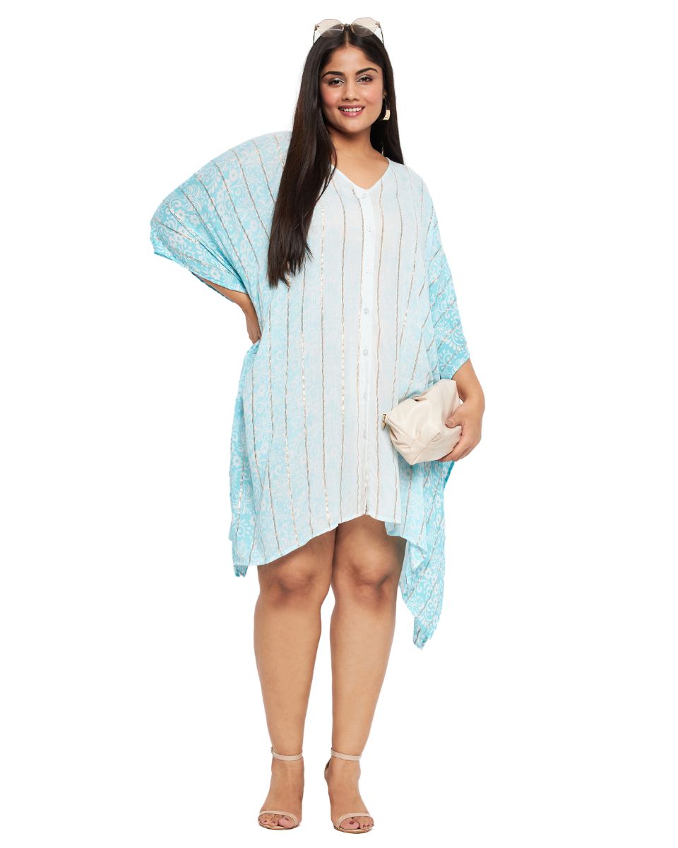 Golden Strip Sky Blue Rayon Tunic Top For Women