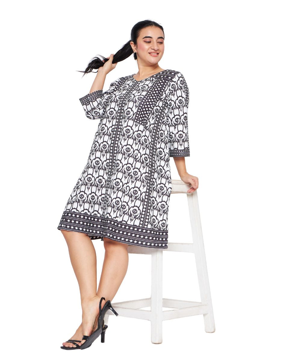 Black And White Floral Print Polyester Knitted Dress For Women