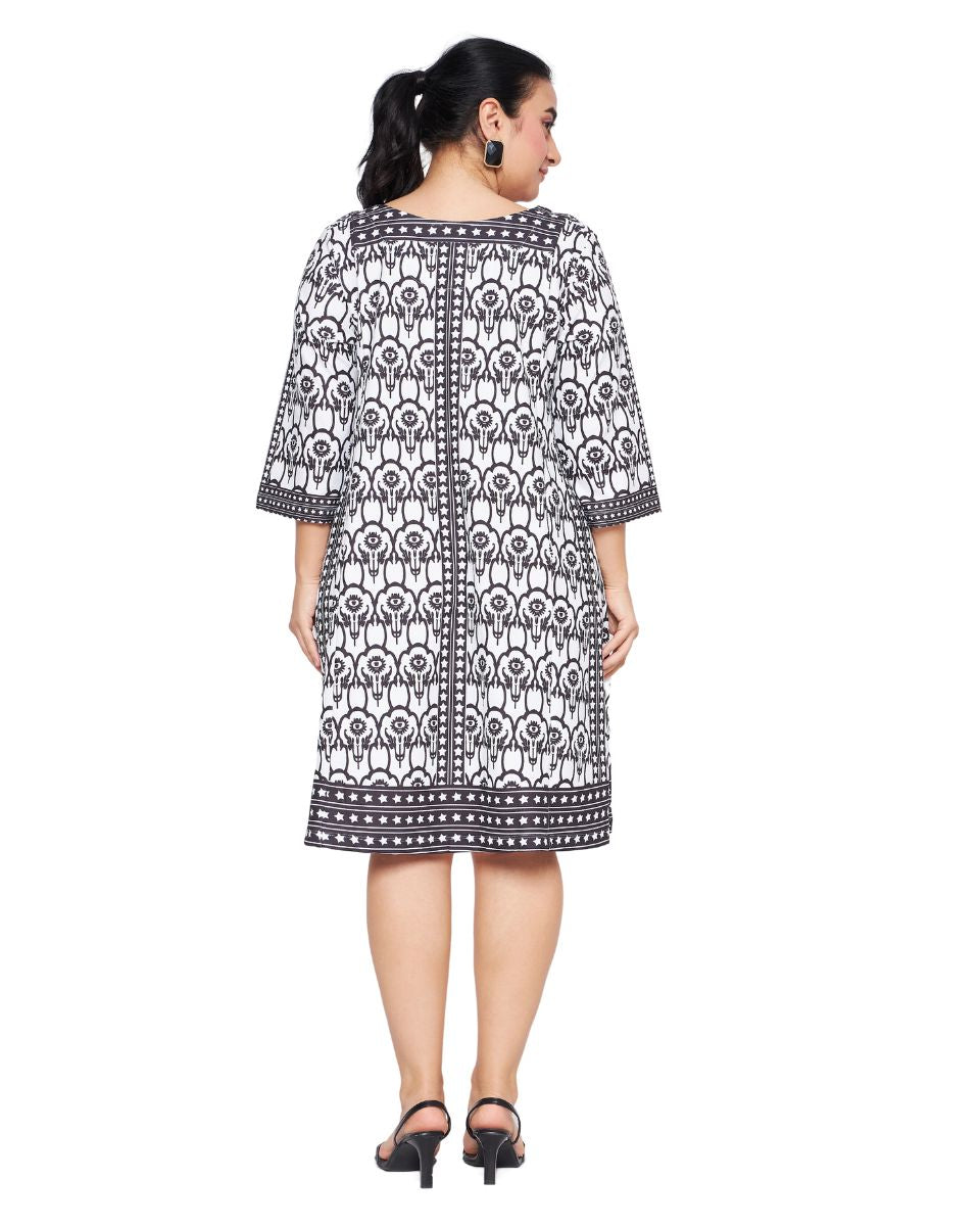 Black And White Floral Print Polyester Knitted Dress For Women