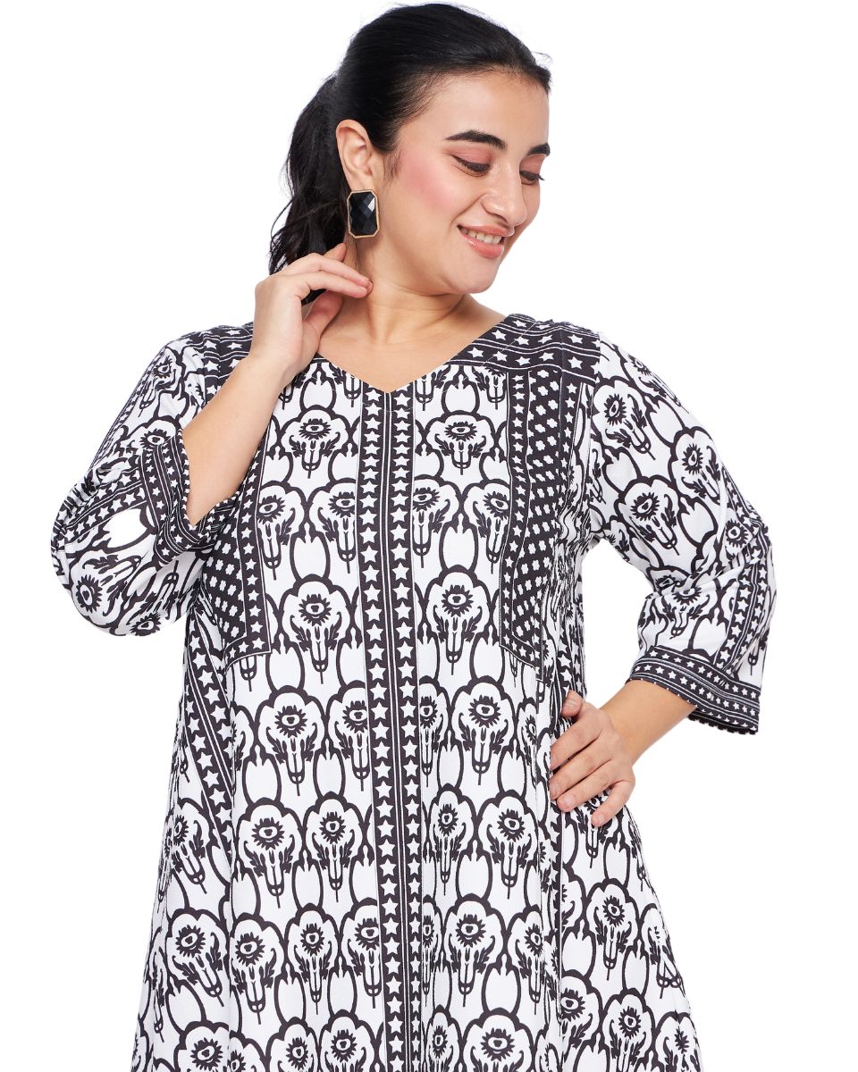 Black And White Floral Print Polyester Knitted Dress For Women