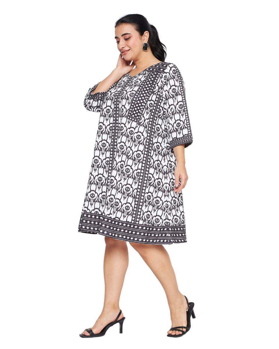 Black And White Floral Print Polyester Knitted Dress For Women