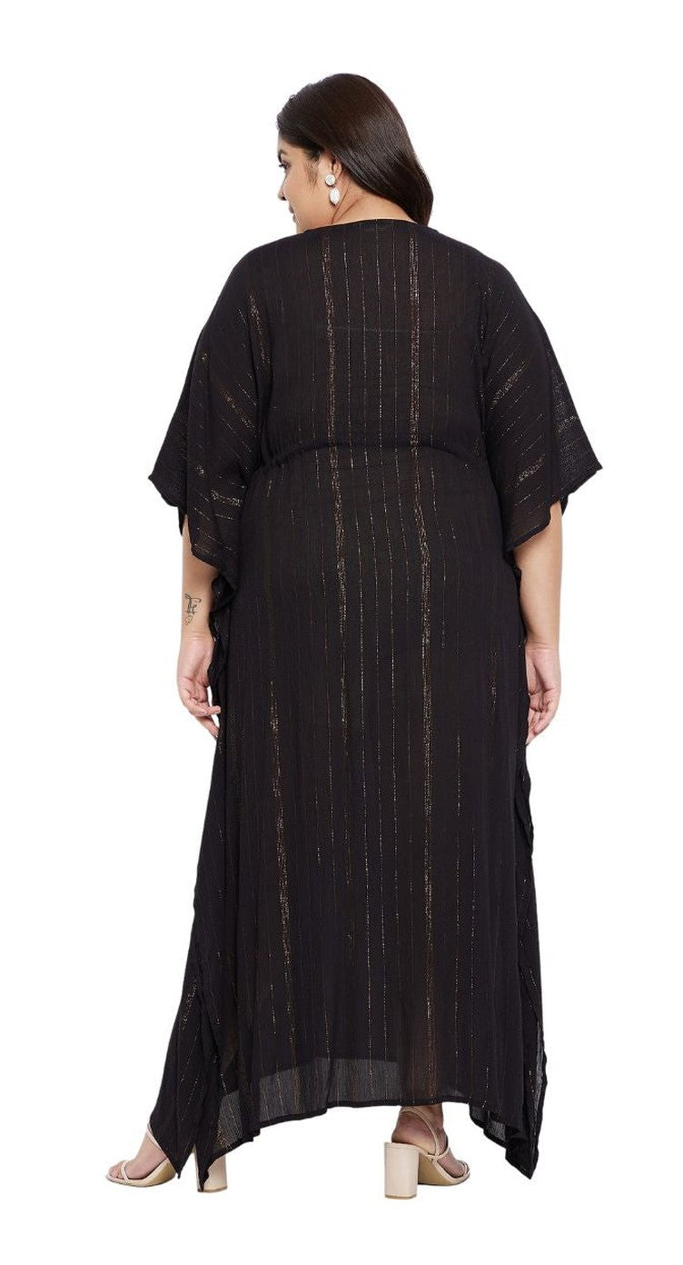 Black rayon plus size lurex kaftan dress with metallic stripe and tassel tie neckline — alternate view