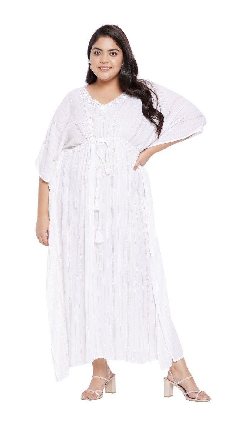 Rayon Solid White With Lurex Stripes Kaftan Plus Size For Women - SKU LUR152-1002 - Gypsie Blu