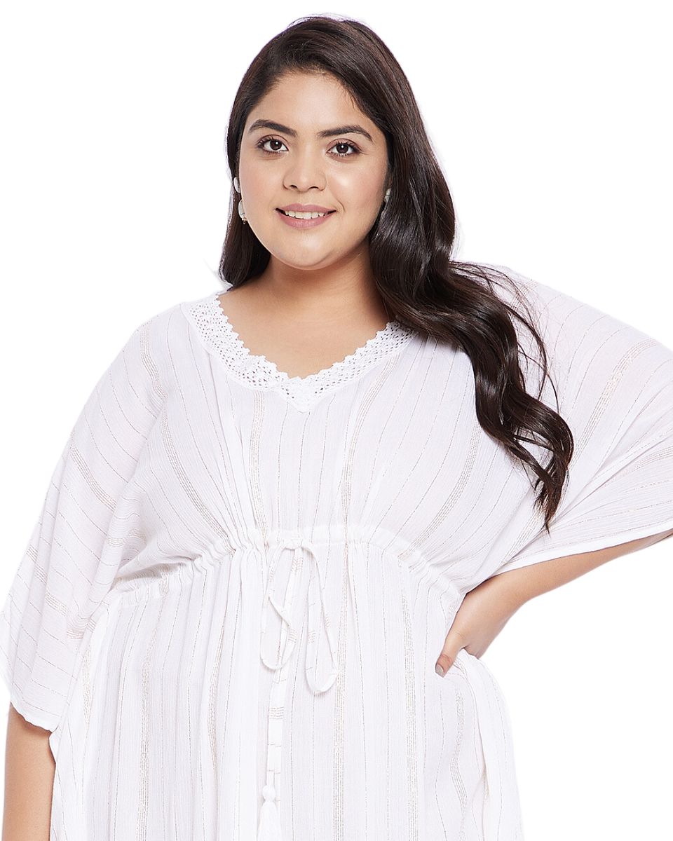Rayon Solid White With Lurex Stripes Kaftan Plus Size For Women