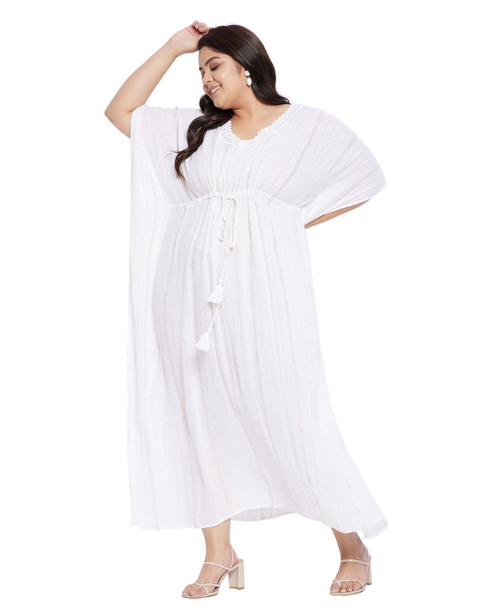 Rayon Solid White With Lurex Stripes Kaftan Plus Size For Women
