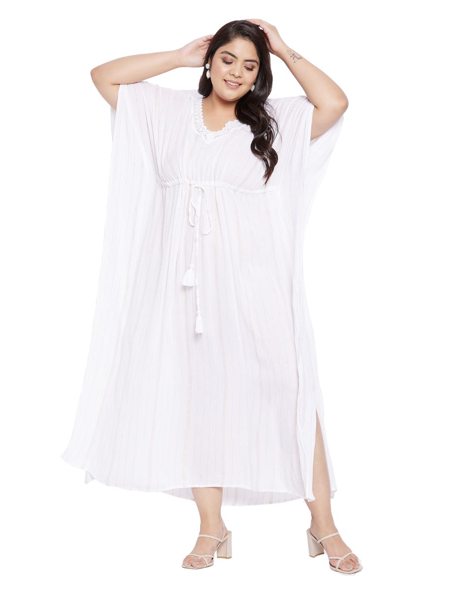 Rayon Solid White With Lurex Stripes Kaftan Plus Size For Women