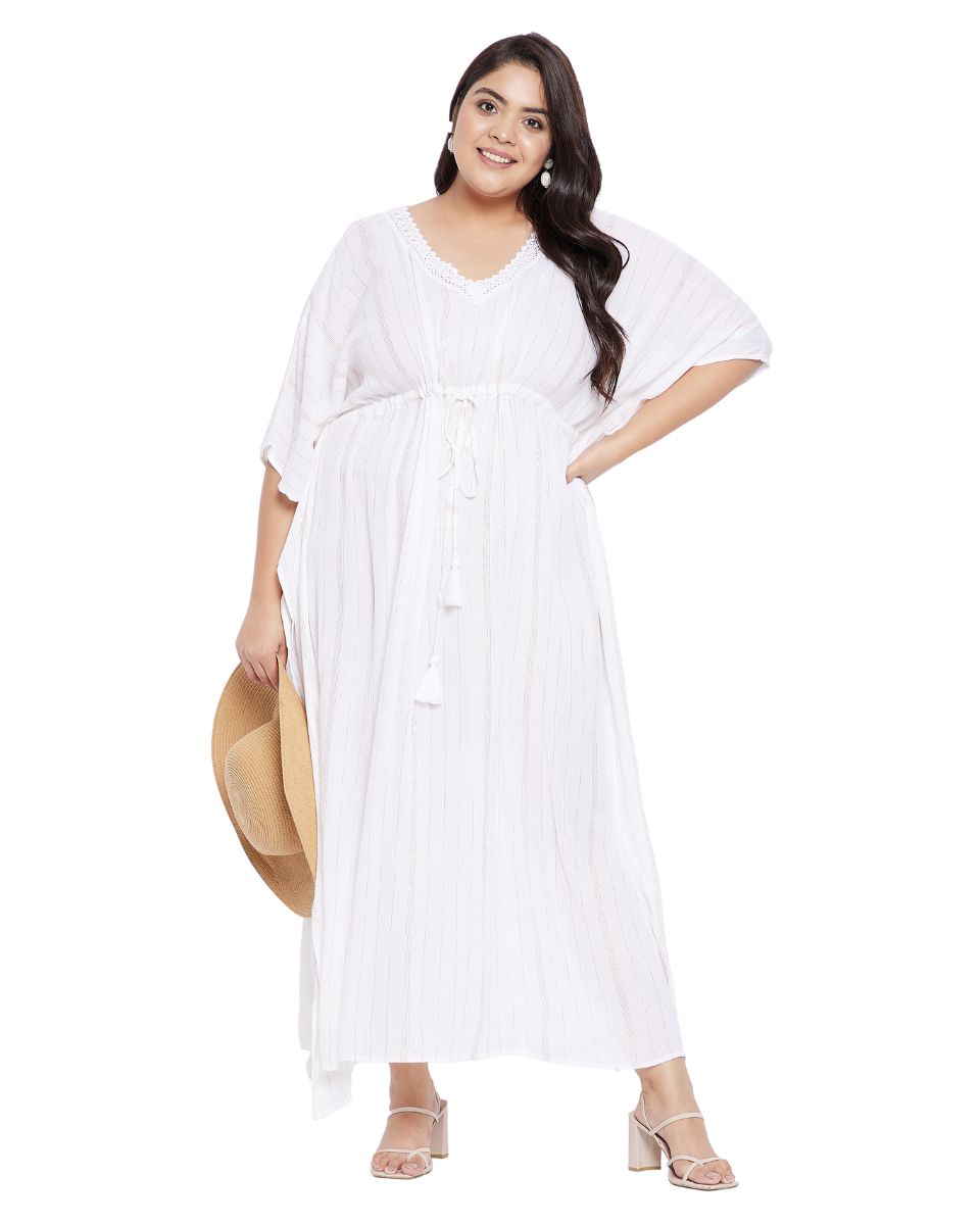 Rayon Solid White With Lurex Stripes Kaftan Plus Size For Women