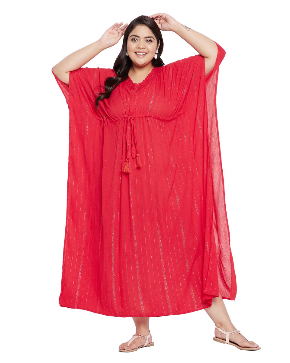 Rayon Solid Red With Lurex Stripes Kaftan Dress For Plus Size Women