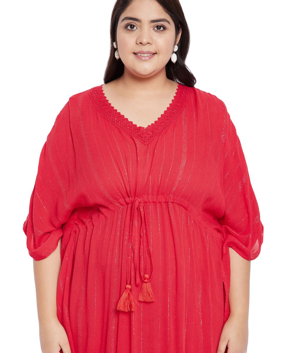 Rayon Solid Red With Lurex Stripes Kaftan Dress For Plus Size Women