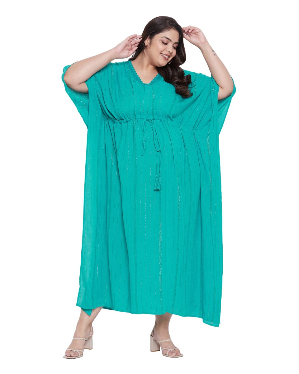 Turquoise Rayon With Lurex Stripes Kaftan For Plus Size Women