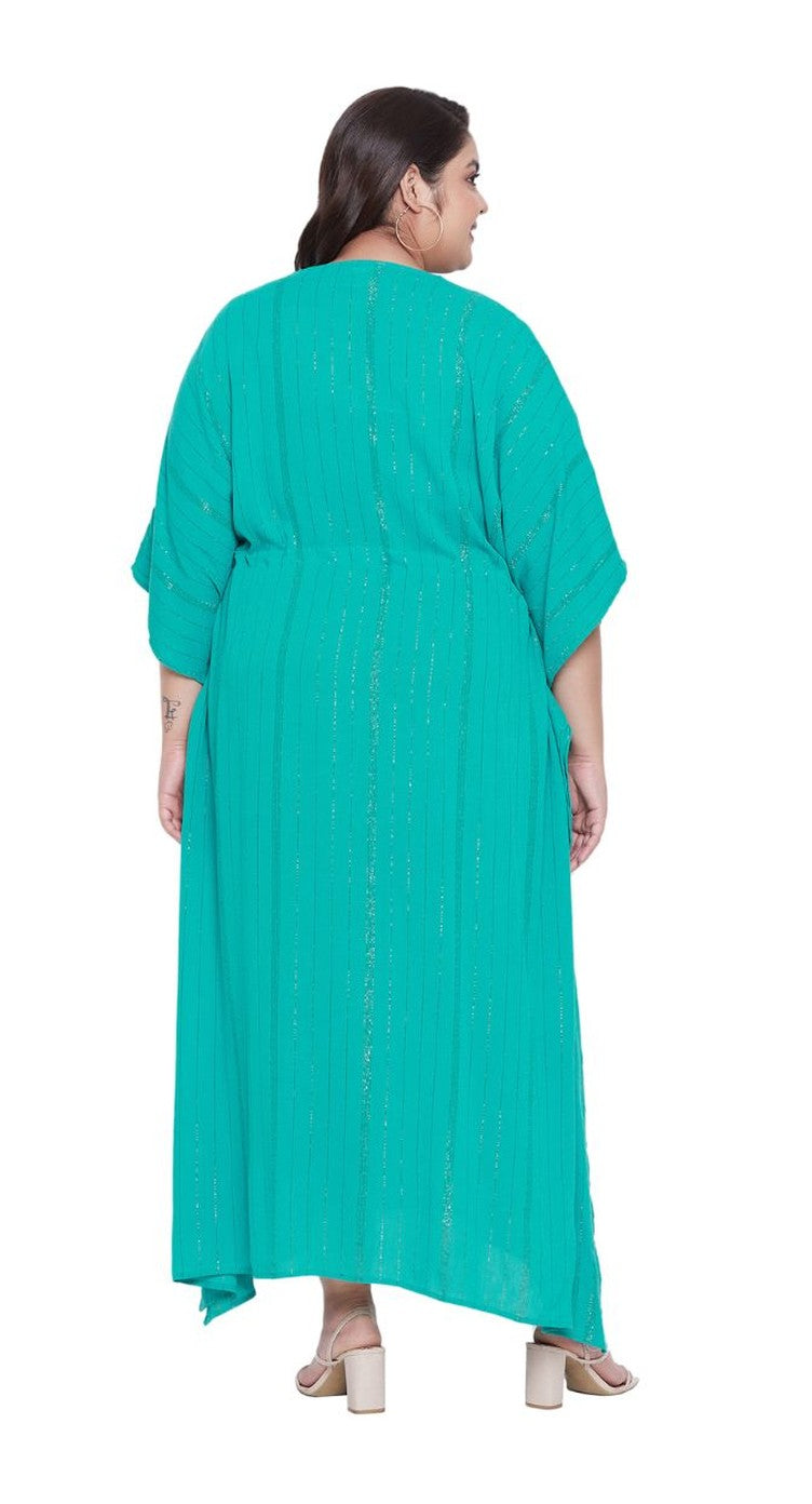 Turquoise rayon plus size lurex kaftan dress with drawstring waist and kimono sleeves — alternate view