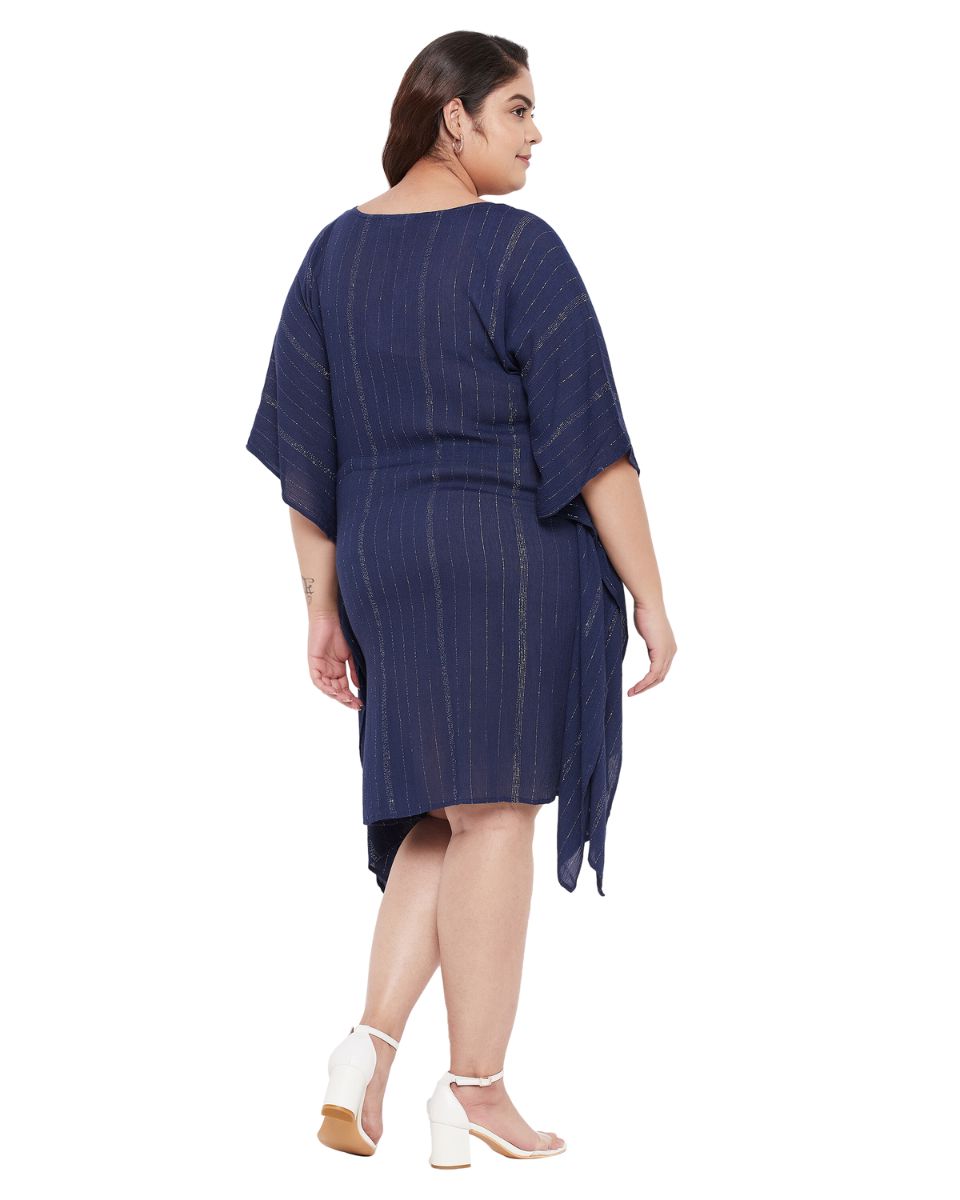 Navy Solid Blue Rayon With Lurex Stripes Tunic Top For Plus Size Women