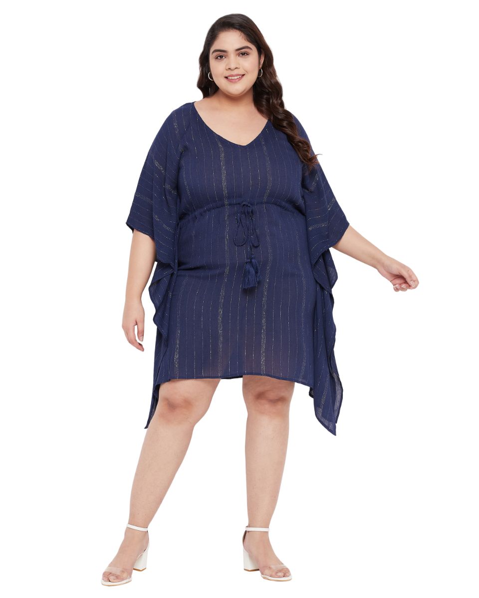 Navy Solid Blue Rayon With Lurex Stripes Tunic Top For Plus Size Women