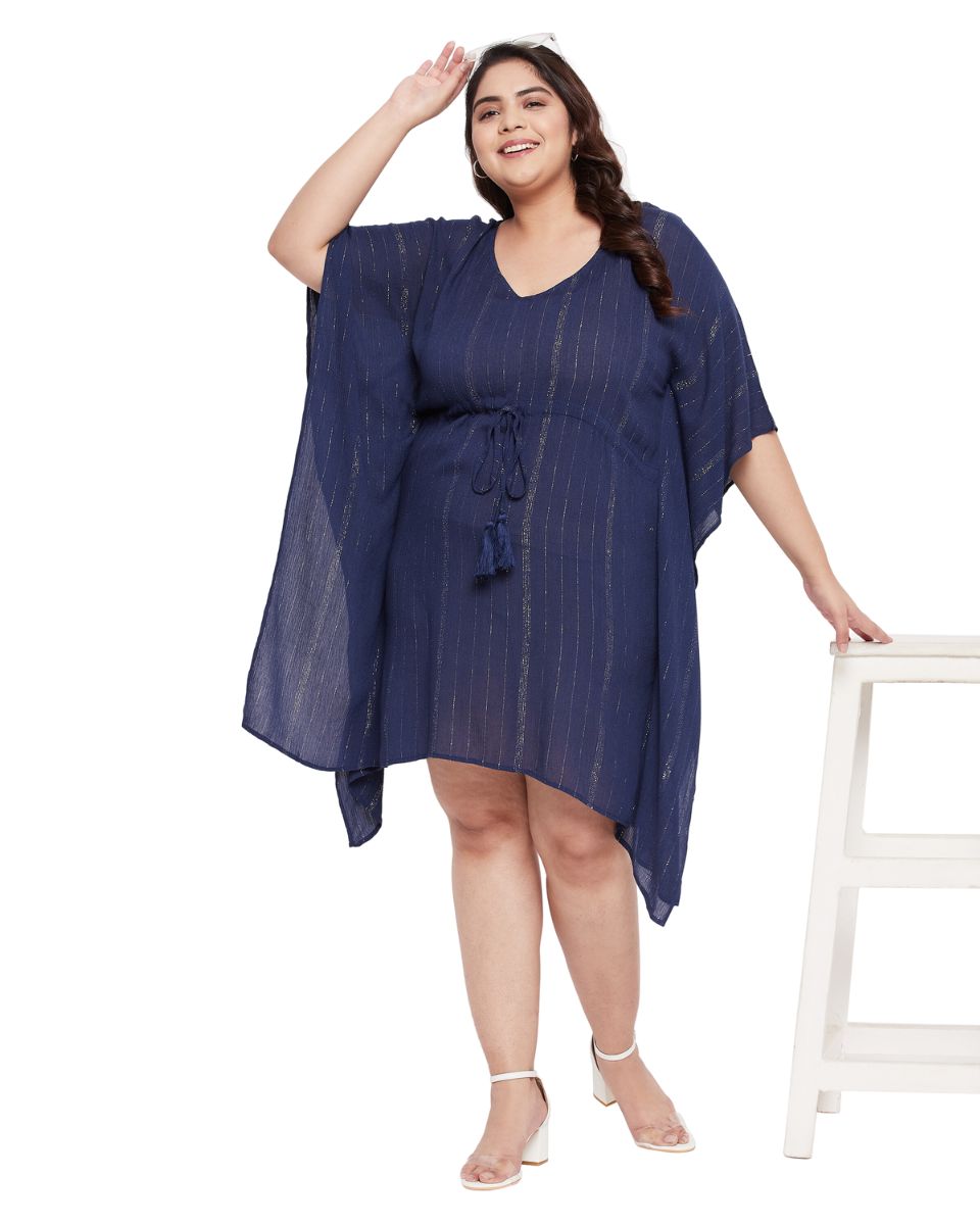Navy Solid Blue Rayon With Lurex Stripes Tunic Top For Plus Size Women