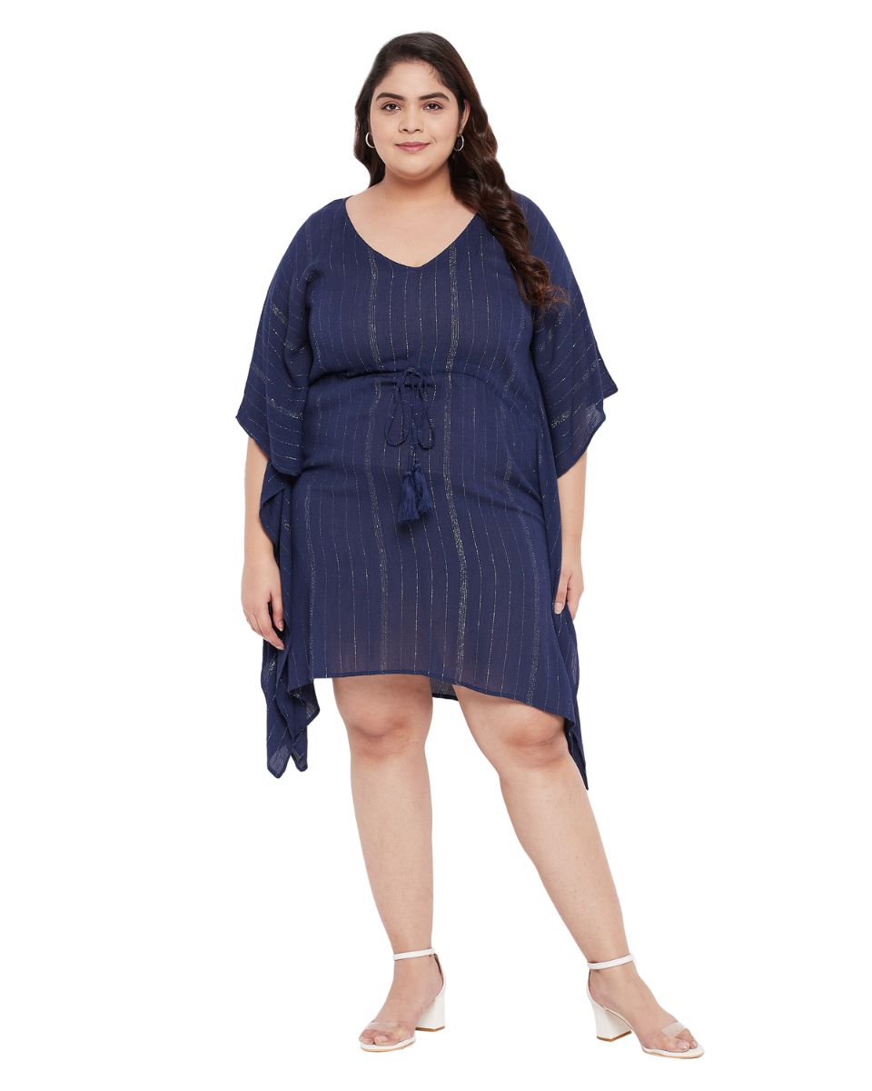 navy blue and white striped dress plus size Women Navy Blue Adjustable Drawstring Plus Size Tunic Dress