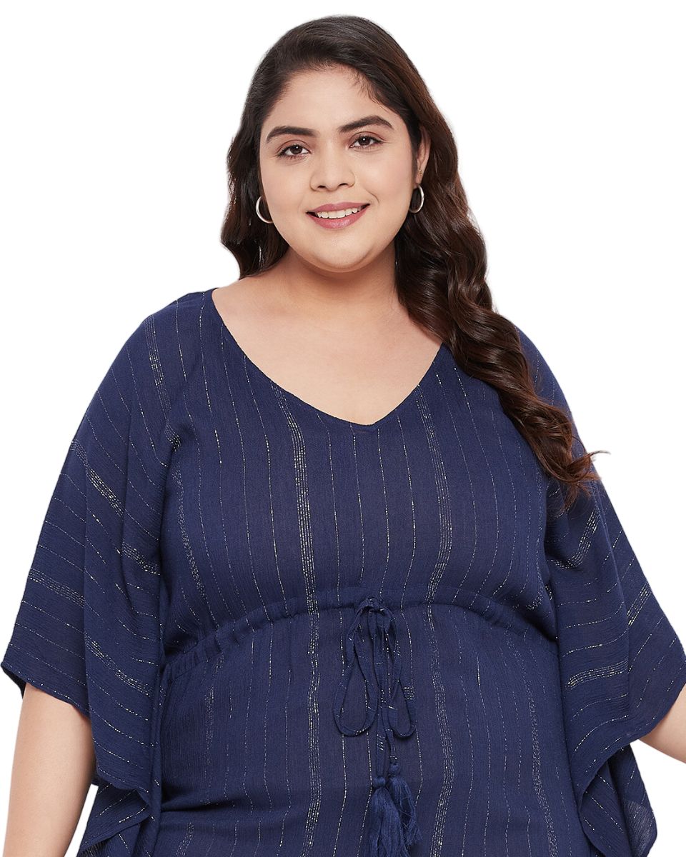 Navy Solid Blue Rayon With Lurex Stripes Tunic Top For Plus Size Women