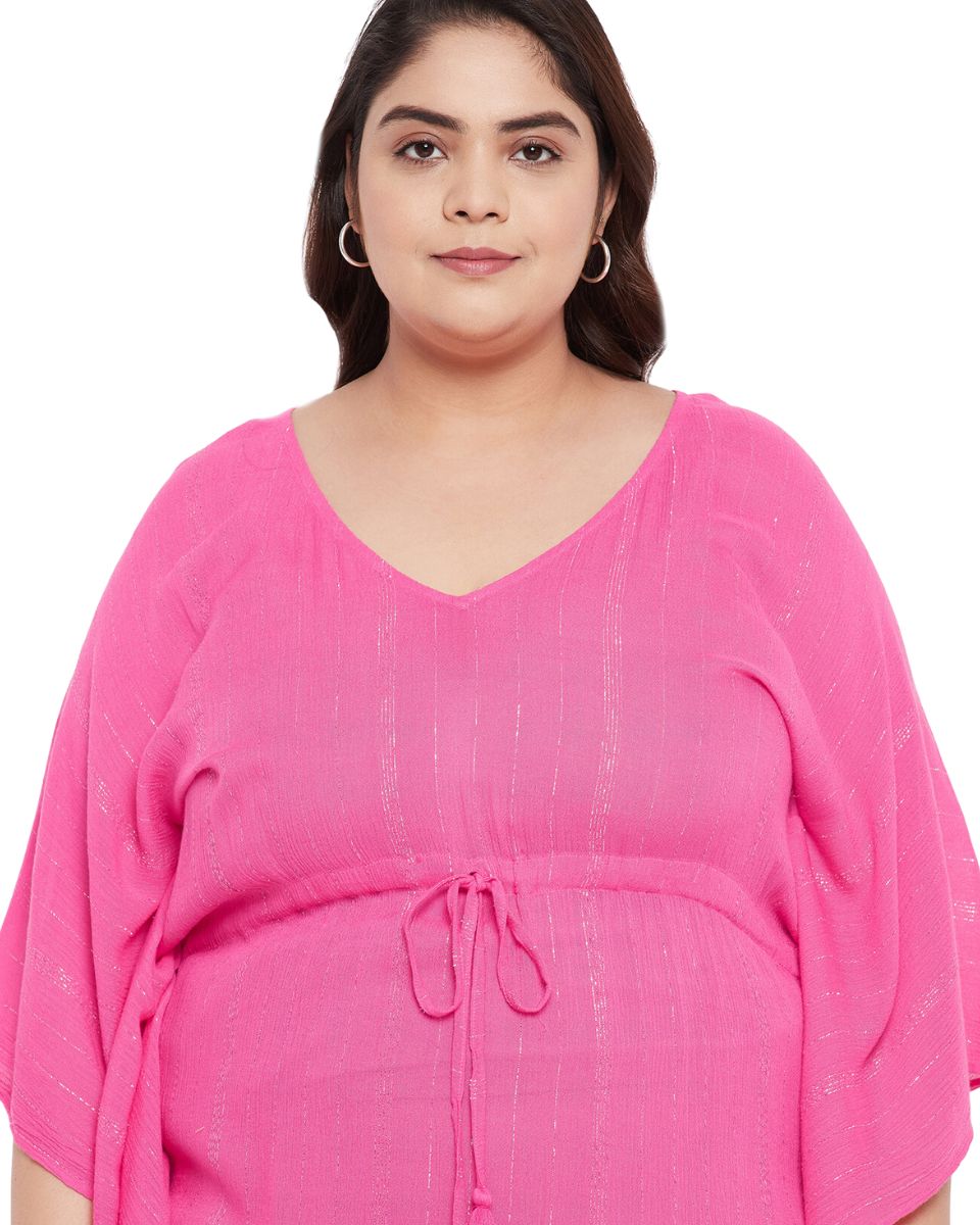 Solid Pink Rayon With Lurex Stripes Tunic Top For Plus Size Women
