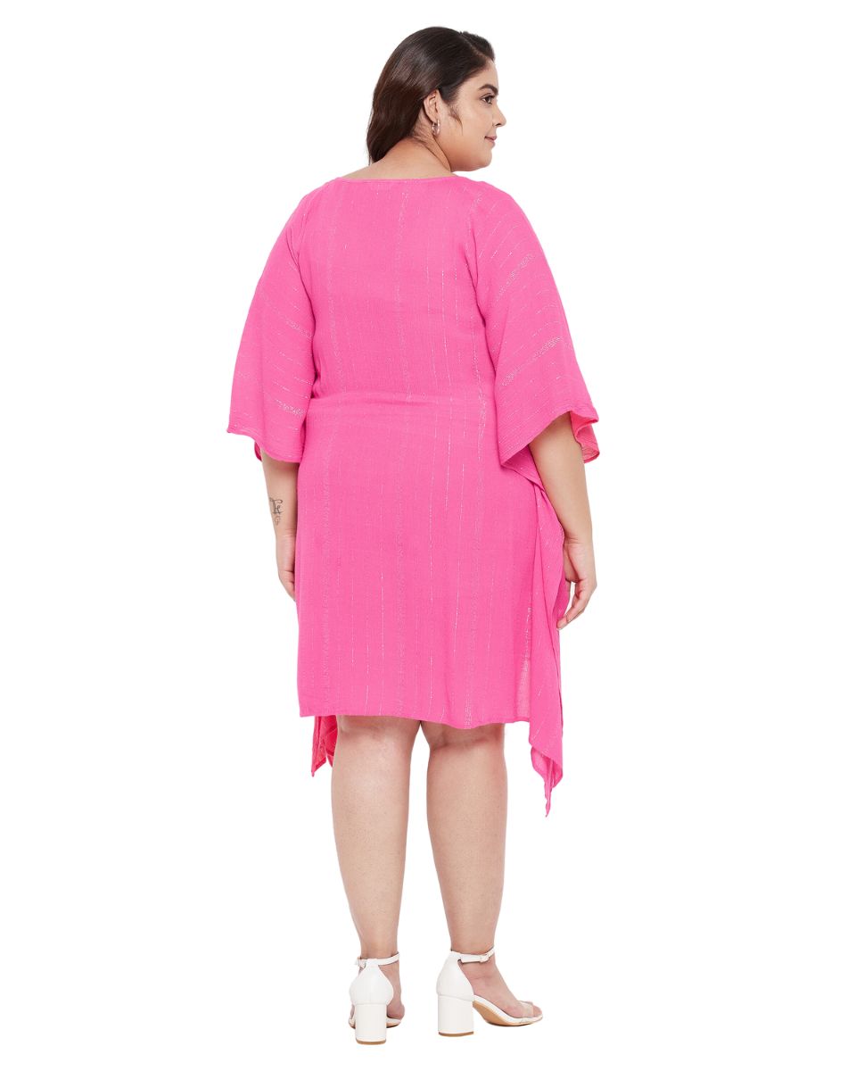Solid Pink Rayon With Lurex Stripes Tunic Top For Plus Size Women