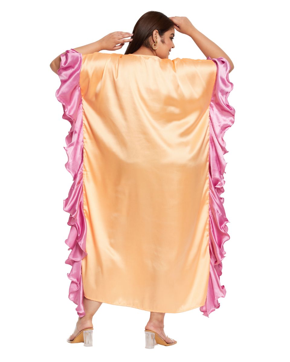 Satin Ruffle Kaftan Dress in solid peach