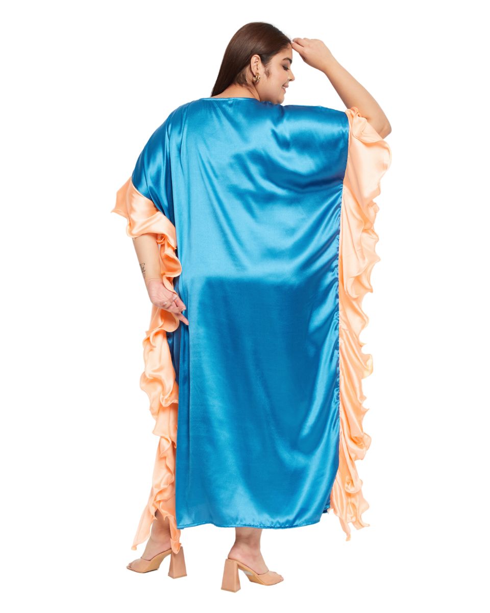 Ruffle Solid Teal Satin Kaftan Plus Size Dress For Women