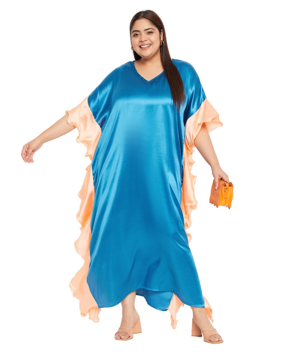 Ruffle Solid Teal Satin Kaftan Plus Size Dress For Women