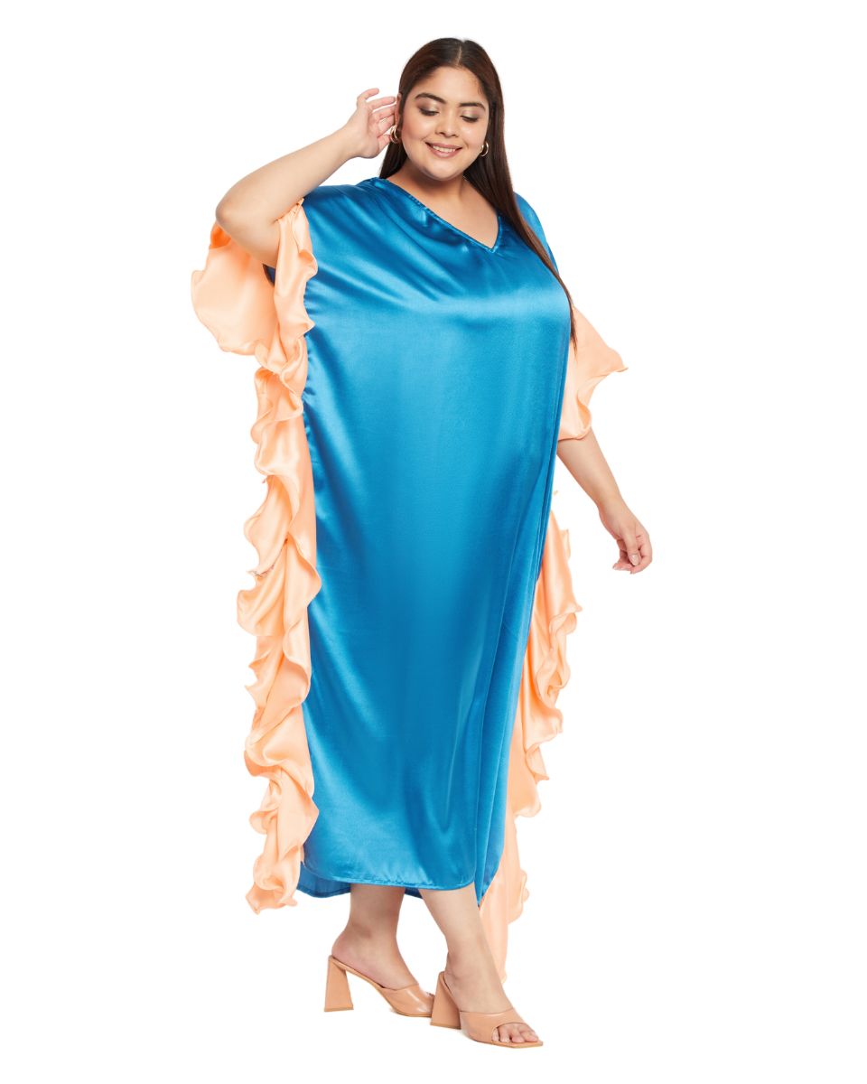 Satin Ruffle Kaftan Dress in solid teal