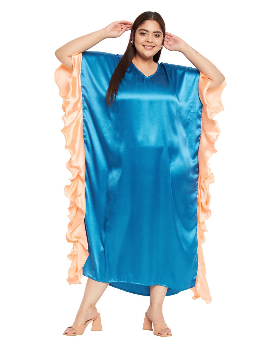 Solid Teal Satin Ruffle Kaftan Dress