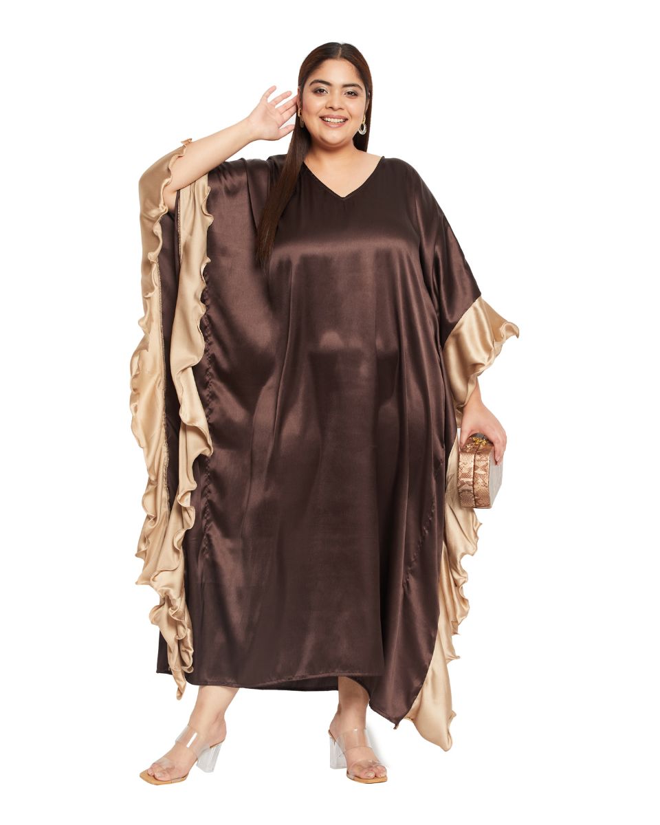 Brown Satin Ruffle Kaftan Dress for Women
