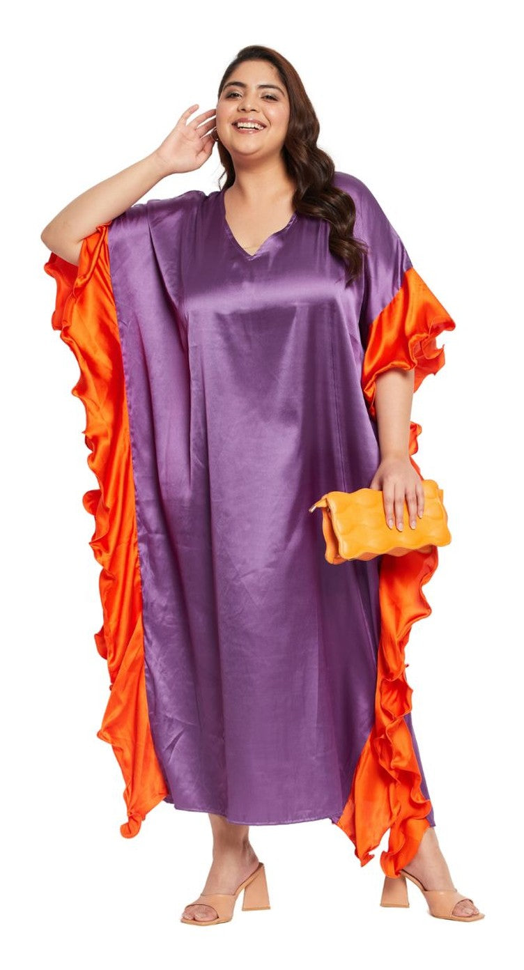 Purple satin plus size kaftan dress with orange contrast ruffle sleeve trim