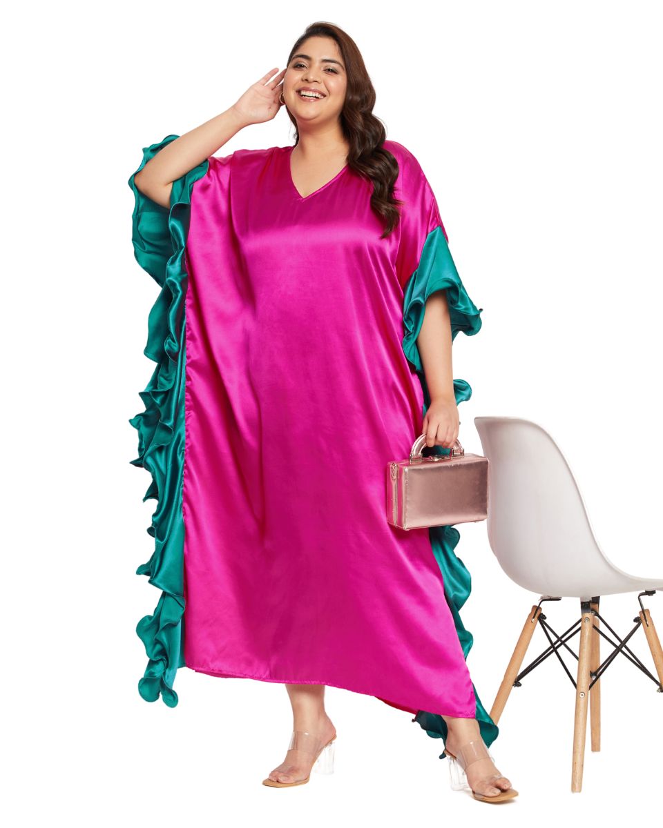 Magenta Solid Satin Ruffle Plus Size Kaftan Dress For Women