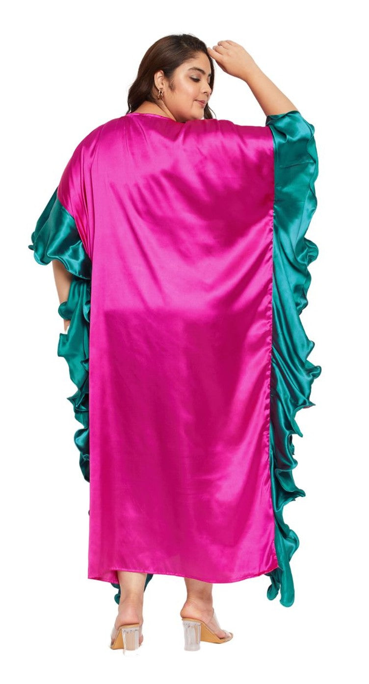 Magenta Solid Satin Ruffle Plus Size Kaftan Dress For Women - SKU RKFT-1001-CABY - Gypsie Blu